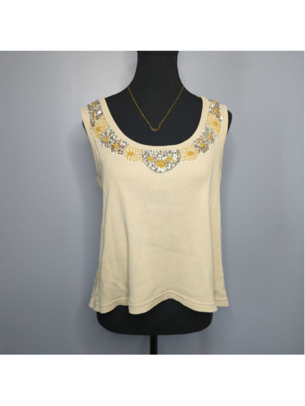 Vintage '00 - Jessica - Bead Sequin Ribbed Tank Sz L/XL Beige Y2K Pixie